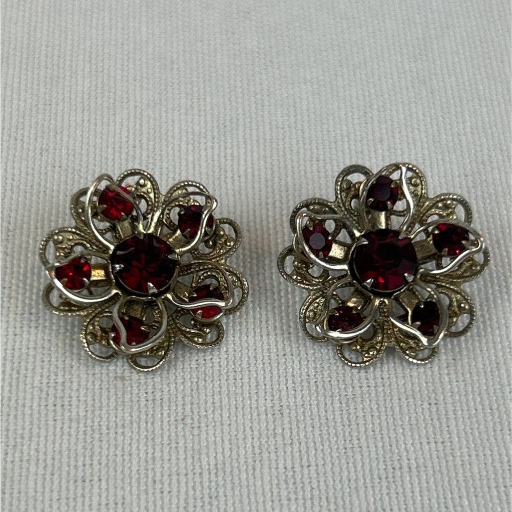 Vintage 50s 60s Silver Tone Filigree Red Rhinestone Flower Earring Charms Pendan